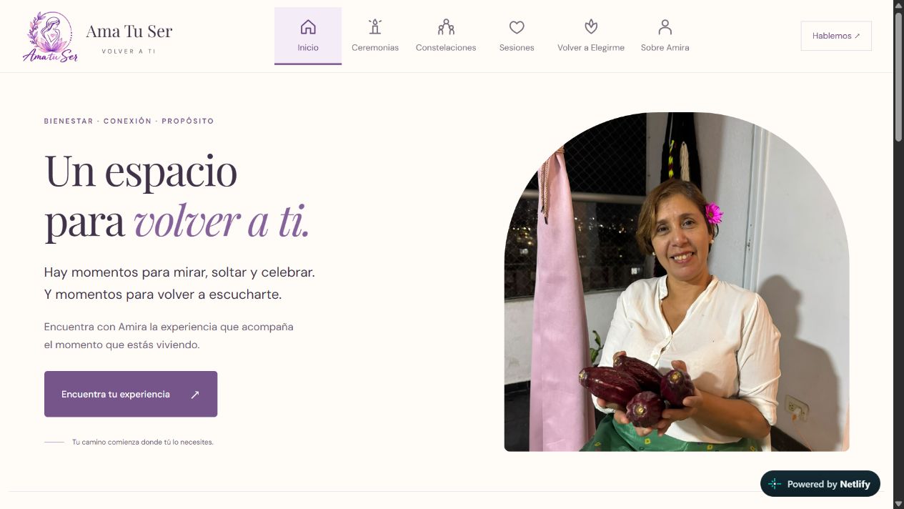 Captura real del sitio Ama tu ser de Amira